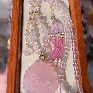 Nine tails Fox Sweater Long Chain Necklace | Ross Quartz Pendant | beaded Necklace