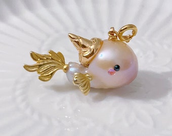 Colgante de perlas barrocas de ballena pequeña ｜ Colgante de perlas hecho a mano / Collar de perlas