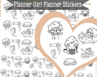 Könnte beinhalten: Schwarz-weiß druckbare Planer-Aufkleber mit Cartoon-Illustrationen einer Person in einer Badewanne, mit einem Haartrockner, einer Augenmaske und anderen Pflegeartikeln. Der Text "Planner Girl Planner Stickers" steht oben. Das Wort "PRINTABLE" steht unten.
