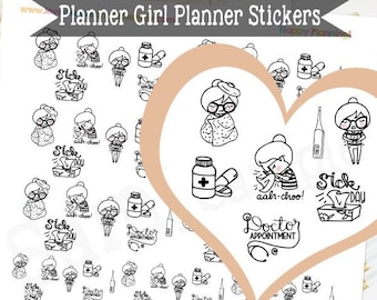 Sick Day Planner Girl Printable Stickers Character Functional Planner Stickers for Erin Condren Planner Functional Stickers Icon Stickers