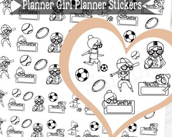 Sportplanner meisje afdrukbare stickers karakter functionele planner stickers voor erin Condren planner functionele stickers honkbal voetbal