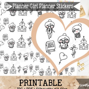 Church Bible Planner Girl Printable Stickers Character Functional Planner Stickers Printable Stickers Functional Stickers Icon Stickers