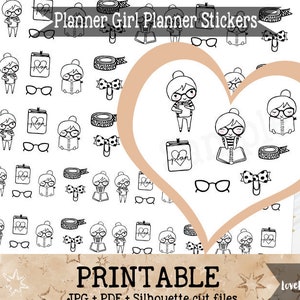 Planning Planner Girl Printable Stickers Character Functional Planner Stickers for Erin Condren Planner Functional Stickers Icon Stickers