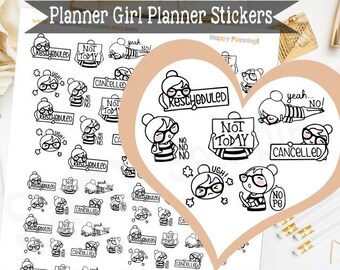 Reschedule Not Today Character Functional Printable Planner Stickers  for Erin Condren Planner Functional Stickers Kawaii Planner Girl Icon