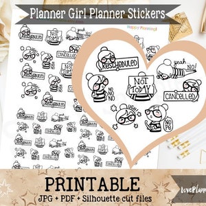 Reschedule Not Today Character Functional Printable Planner Stickers  for Erin Condren Planner Functional Stickers Kawaii Planner Girl Icon