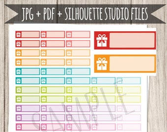 Puede incluir: Pegatinas imprimibles para planificador con un diseño de caja de regalo. Las pegatinas están disponibles en una variedad de colores, incluyendo rojo, naranja, amarillo, verde, azul, morado, rosa, marrón y gris. Las pegatinas están diseñadas para ser utilizadas en un planificador o diario para hacer un seguimiento de los regalos, eventos u otras fechas importantes.