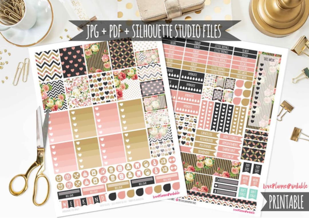 Black Gold Vintage Roses Digital Printable Planner Stickers Weekly ...
