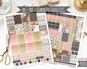 Black Gold Vintage Roses Digital Printable Planner Stickers Weekly Planner Stickers for Erin Condren Vertical Planner Full Box Half Box Cut
