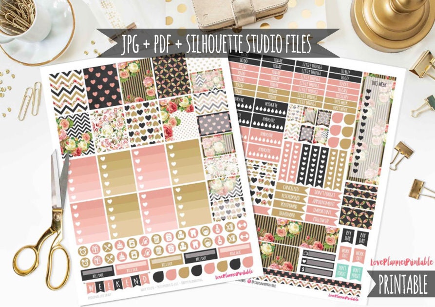 Black Gold Vintage Roses Digital Printable Planner Stickers Weekly ...