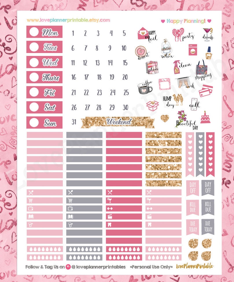 Sweetheart Valentine Printable Planner Stickers Weekly Stickers for ...