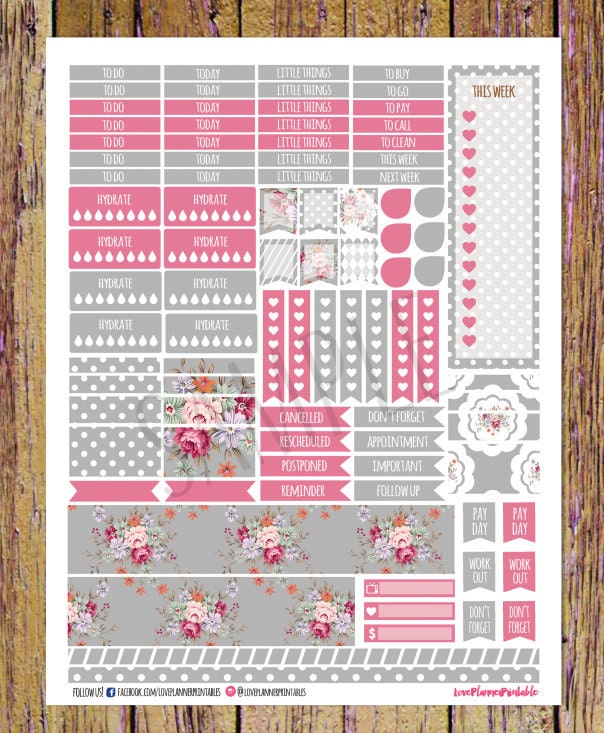 Pink Grey Roses Digital Printable Planner Stickers Weekly Stickers ...