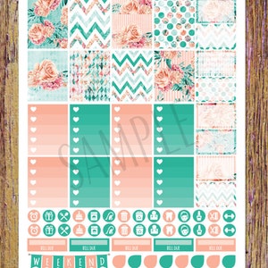 May include: A set of printable planner stickers featuring a floral theme with pink and teal colors. The stickers include various designs, such as floral patterns, hearts, and geometric shapes. The stickers also include icons for appointments, bills, and other tasks.