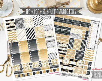 May include: A set of printable planner stickers in black, white, and gold featuring floral, geometric, and polka dot patterns. The stickers include labels for "This Week", "Weekend", "Don't Forget", "Important", "Appointment", "Pay Day", "Work Day", "Don't Forget", and "Only Work" along with other decorative elements.