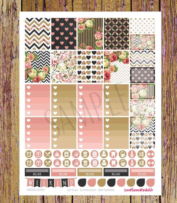 Black Gold Vintage Roses Digital Printable Planner Stickers Weekly ...