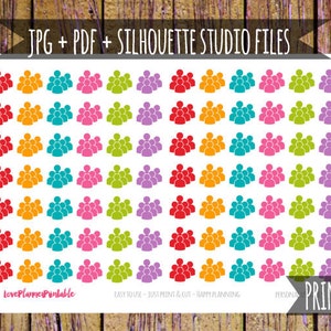 Könnte beinhalten: Ein Blatt mit druckbaren Aufklebern mit 81 bunten Personen-Icons. Die Icons sind in einem Raster angeordnet und eignen sich perfekt für Planer, Journale und andere Bastelprojekte.