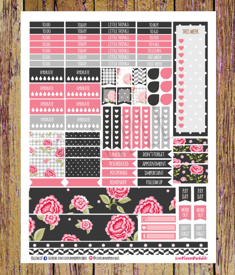 Pink Black Floral Digital Printable Planner Stickers Weekly Stickers Digital Planner Stickers Floral Planner Checklists Weekly Planner Cut image 3