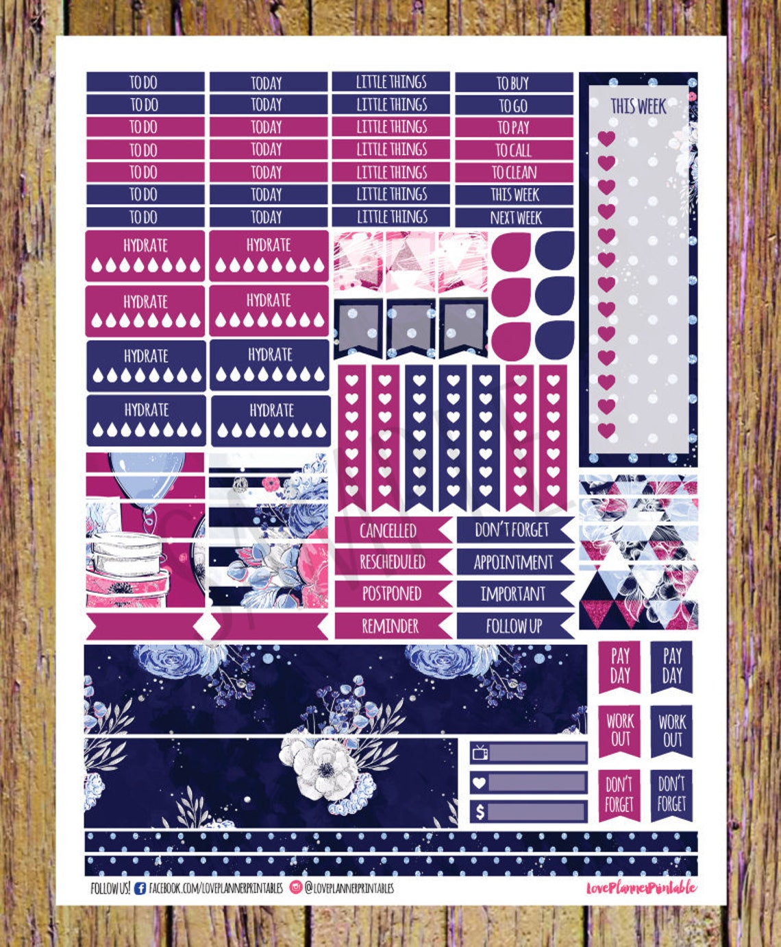 Navy Floral Digital Printable Planner Stickers Weekly Stickers Digital ...
