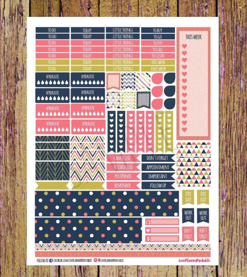 Pink Gold Navy Digital Printable Planner Stickers Weekly Planner Stickers Vertical Planner Digital Planner Sticker Weekly Planner Cut Files image 3