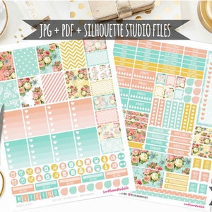 May include: Printable planner stickers with floral patterns in pink, blue, and yellow. The stickers include a variety of designs, including hearts, flowers, and geometric shapes. The text "JPG + PDF + SILHOUETTE STUDIO FILES" and "PRINTABLE" is visible on the image.
