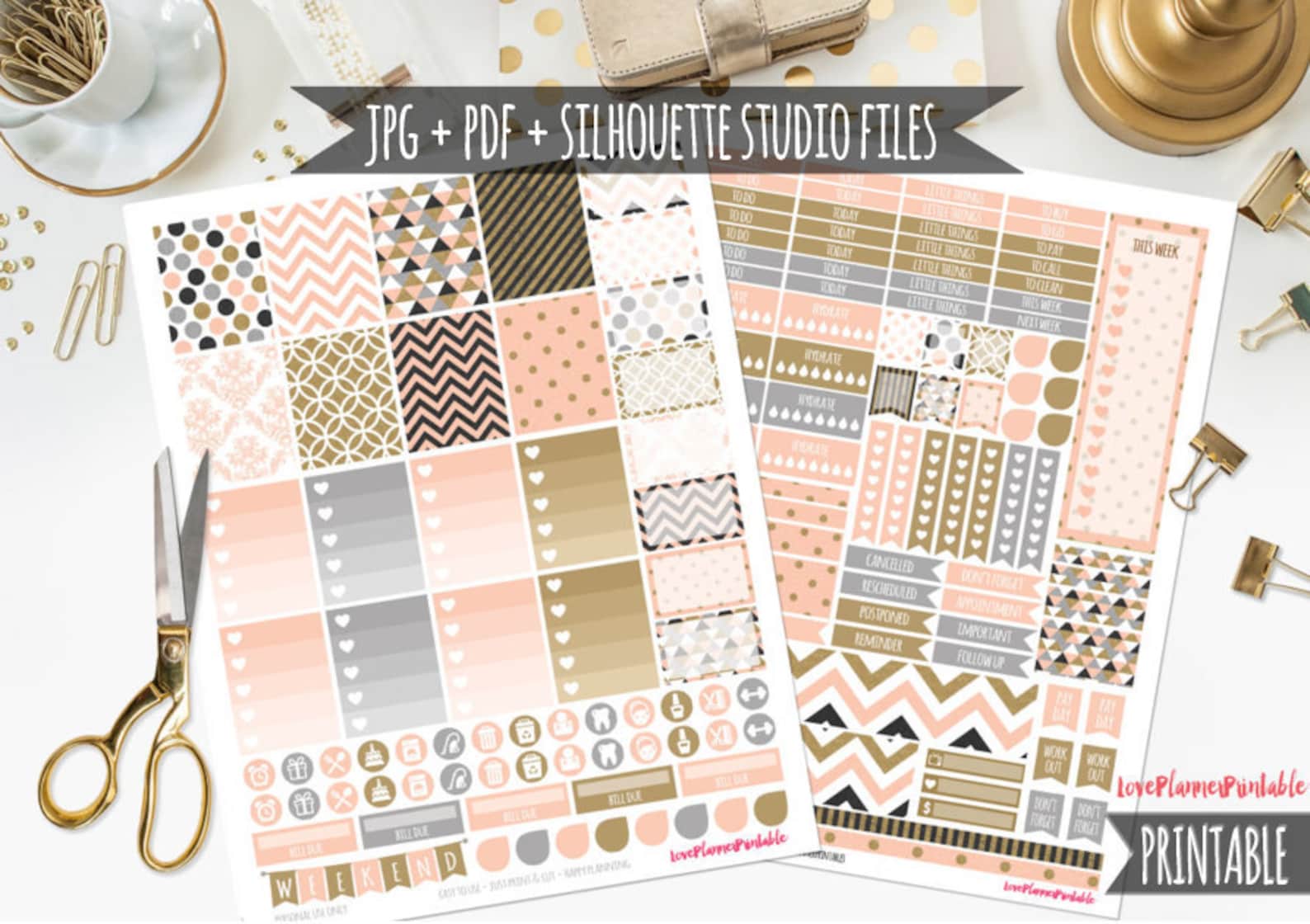 Peach Gold Digital Printable Planner Stickers Weekly Stickers | Etsy