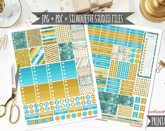 Teal and Gold Glitter Digital Printable Planner Stickers Weekly Planner Stickers Vertical Planner Digital Planner Stickers Cut Files