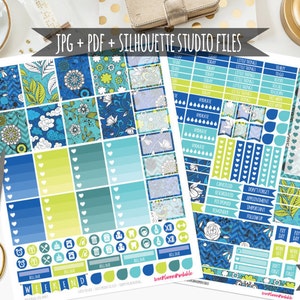 May include: A printable sheet of planner stickers featuring a blue, green and white floral design. The stickers come in a variety of shapes and sizes, including boxes, circles and banners. The text "LovePlannerPrintable" is printed on the sheet.
