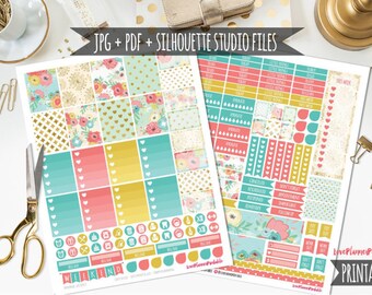 May include: Two sheets of printable planner stickers with floral and gold foil patterns. The stickers include boxes, checklists, and decorative elements in teal, coral, and gold. Text includes "JPG + PDF + SILHOUETTE STUDIO FILES" and "PRINTABLE".