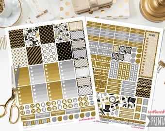 May include: Printable planner stickers in black, gold, and silver with glitter accents. The stickers feature various designs including hearts, stars, clocks, and champagne bottles. The text "LovePlannerPrintable" is visible in the bottom right corner.