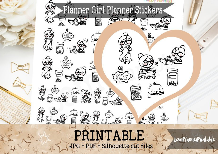Budget Bill Planner Girl Printable Stickers Character Functional Planner Stickers for Erin Condren Planner Functional Stickers Icon Stickers