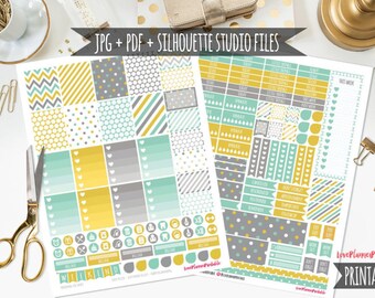 Adesivi per planner digitale stampabili giallo menta, planner settimanale, adesivi settimanali, adesivi per planner digitale per Erin Condren Planner, scatola completa