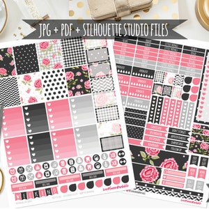 Pink Black Floral Digital Printable Planner Stickers Weekly Stickers Digital Planner Stickers Floral Planner Checklists Weekly Planner Cut image 1