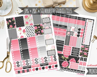 Pink Black Floral Digital Printable Planner Stickers Weekly Stickers Digital Planner Stickers Floral Planner Checklists Weekly Planner Cut