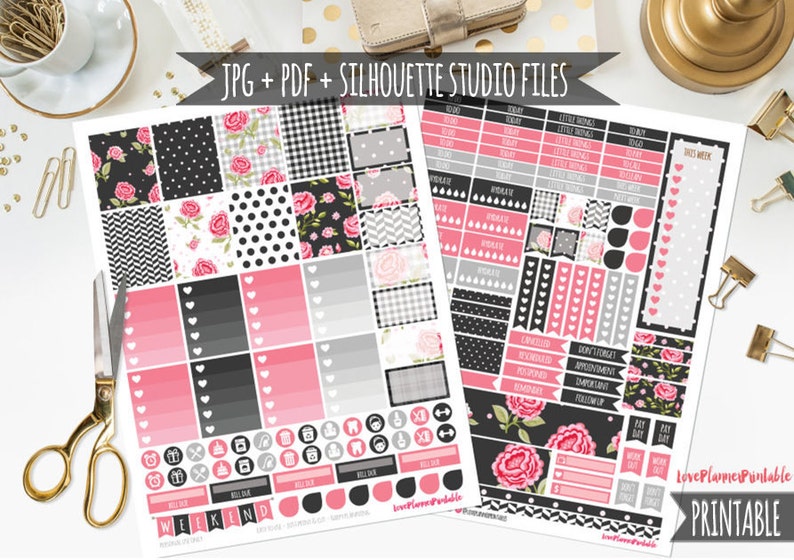 Pink Black Floral Digital Printable Planner Stickers Weekly Stickers Digital Planner Stickers Floral Planner Checklists Weekly Planner Cut image 1