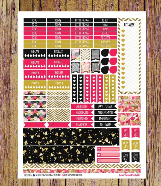 Sassy Hot Pink Black Gold Glitter Digital Printable Planner Stickers ...