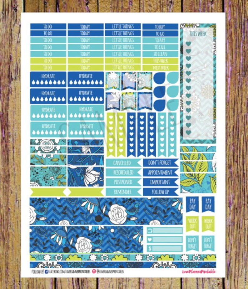 May include: A set of colourful planner stickers with a blue, green and white floral pattern. The stickers include phrases such as "To Do", "Today", "Little Things", "Hydrate", "Cancelled", "Don't Forget", "Pay Day", and "Work Out".