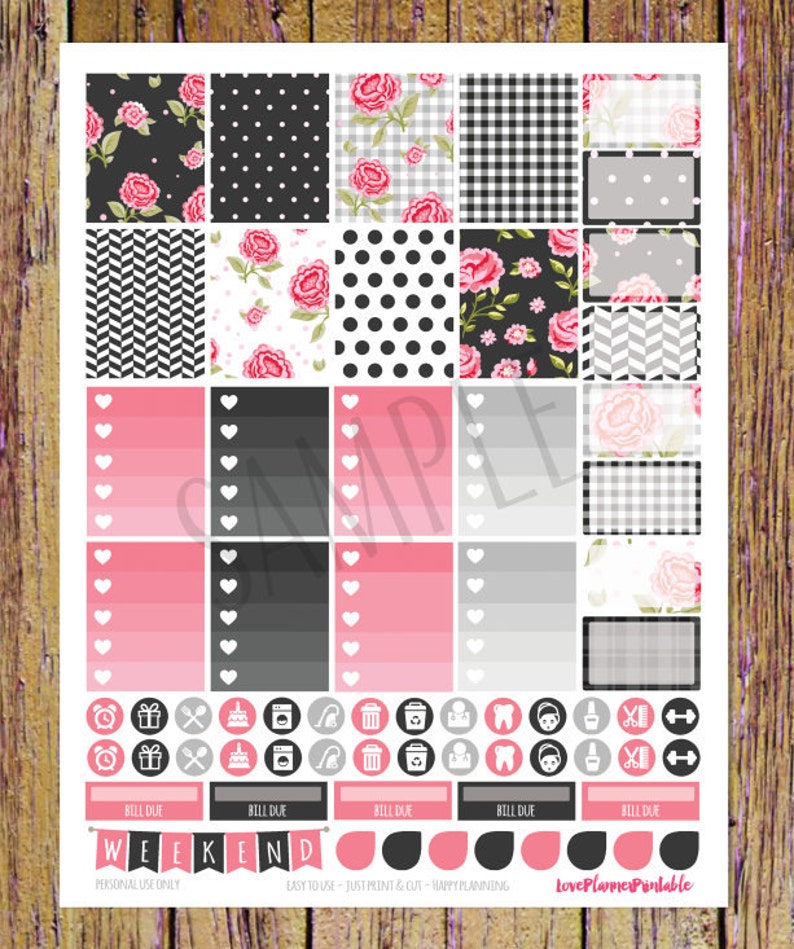 Pink Black Floral Digital Printable Planner Stickers Weekly Stickers ...