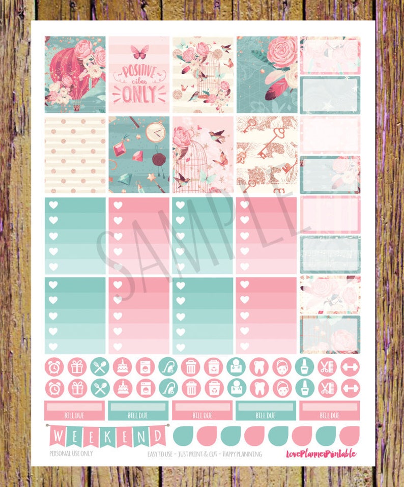 Sweet Floral Roses Love Hot Balloon Digital Printable Planner Stickers ...