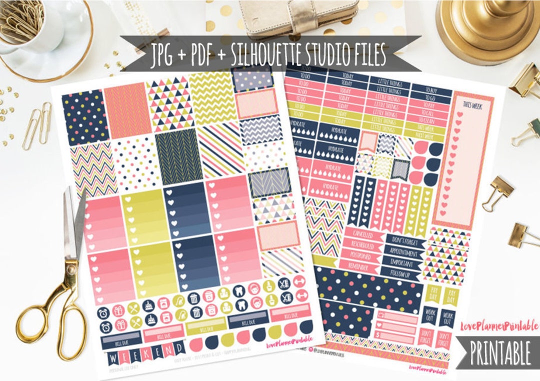 Pink Gold Navy Digital Printable Planner Stickers Weekly Planner ...
