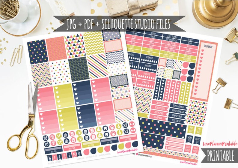 Pink Gold Navy Digital Printable Planner Stickers Weekly Planner Stickers Vertical Planner Digital Planner Sticker Weekly Planner Cut Files image 1