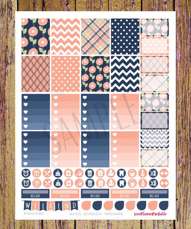 Navy Peach Floral Digital Printable Planner Stickers Weekly Stickers ...