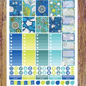 May include: A set of printable planner stickers with a blue, green, and white colour scheme. The stickers feature various patterns, including floral, geometric, and abstract designs. The stickers also include icons for tasks, appointments, and bills.