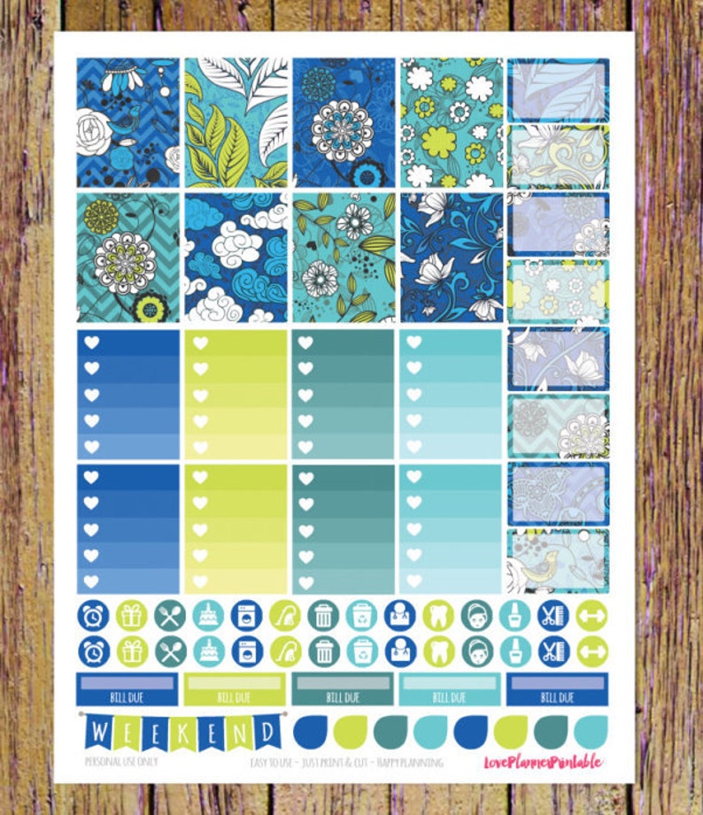 May include: A set of printable planner stickers with a blue, green, and white colour scheme. The stickers feature various patterns, including floral, geometric, and abstract designs. The stickers also include icons for tasks, appointments, and bills.