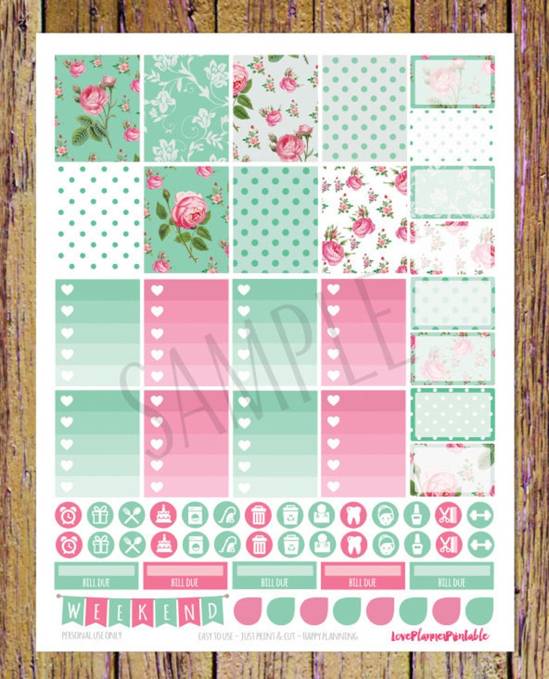Mint Roses Printable Planner Stickers Weekly Stickers for Erin | Etsy