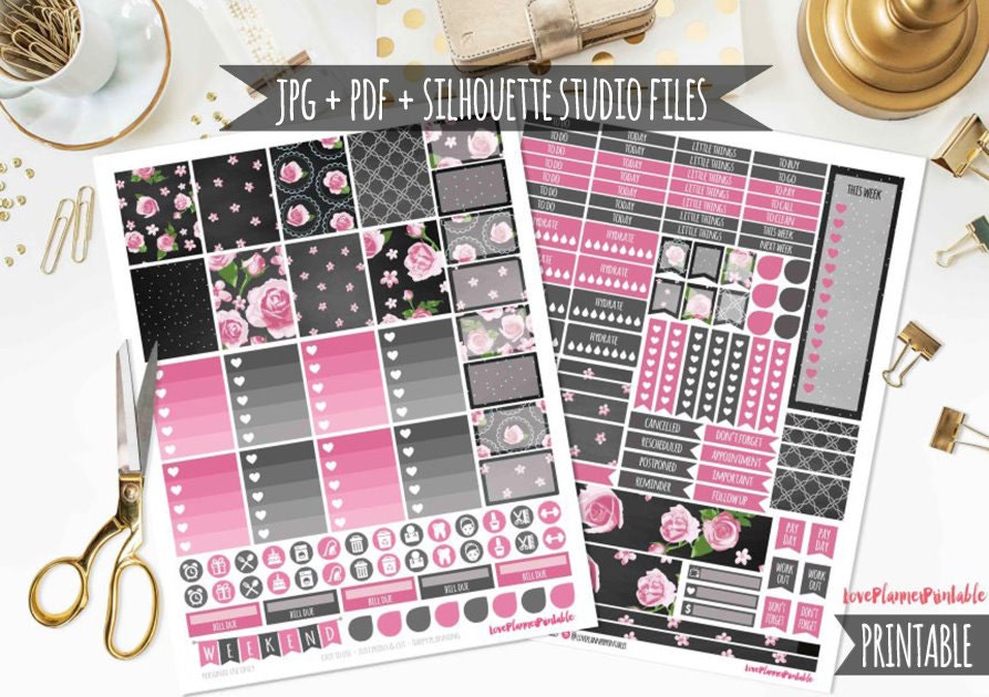 Vintage Rose Chalkboard Digital Printable Planner Stickers Weekly ...