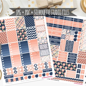 Navy Peach Floral Digital Printable Planner Stickers Weekly Stickers Planner Stickers Half Box Floral Planner Weekly Planner Cut Files