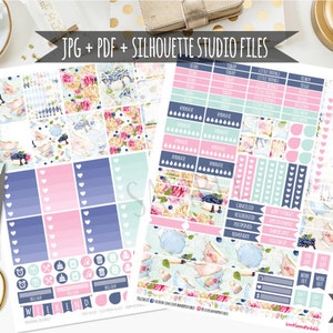 May include: A set of printable planner stickers featuring a teacup and floral pattern in shades of blue, pink, and green. The stickers include boxes, labels, and icons for organizing a planner.