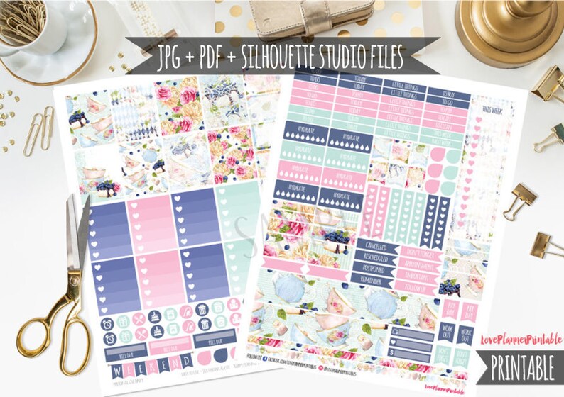 Tea Party Digital Printable Planner Stickers Weekly Stickers Digital Planner Stickers Tea Party Stickers Weekly Planner Cut Files image 1