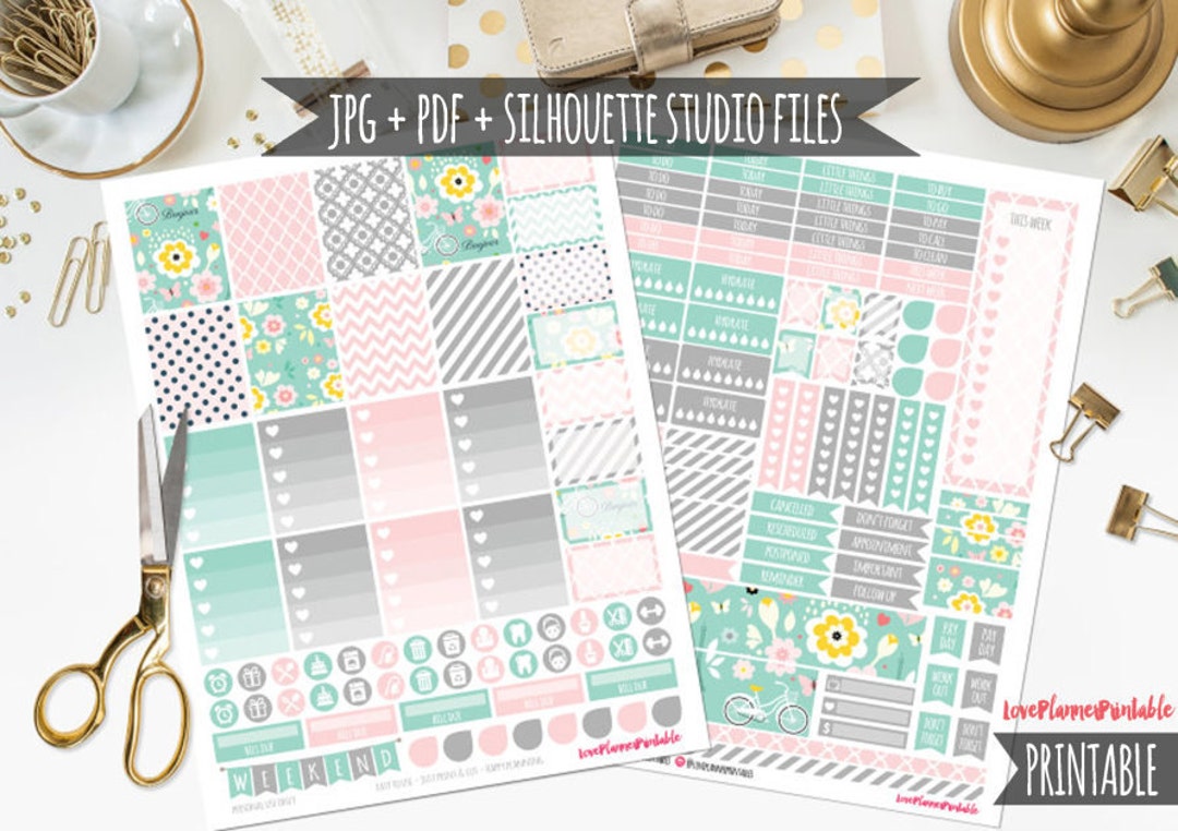 Paris Love Mint Pink Floral Digital Printable Planner Stickers Weekly ...