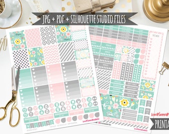 May include: Printable planner stickers with a pastel color scheme of pink, gray, and mint green. The stickers feature floral designs, geometric patterns, and various icons. The text "LovePlannerPrintable" is visible in the bottom right corner.