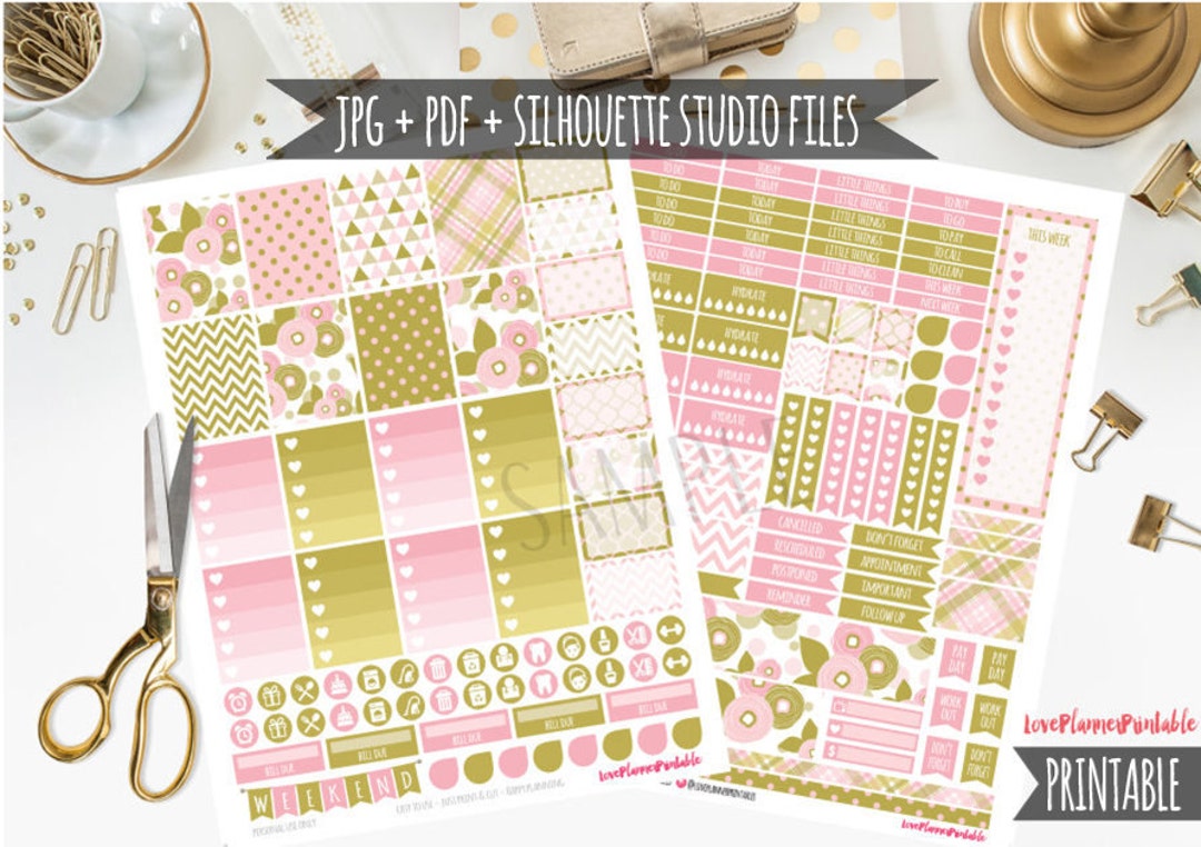 Pink Gold Floral Printable Planner Stickers Weekly Stickers for Erin ...